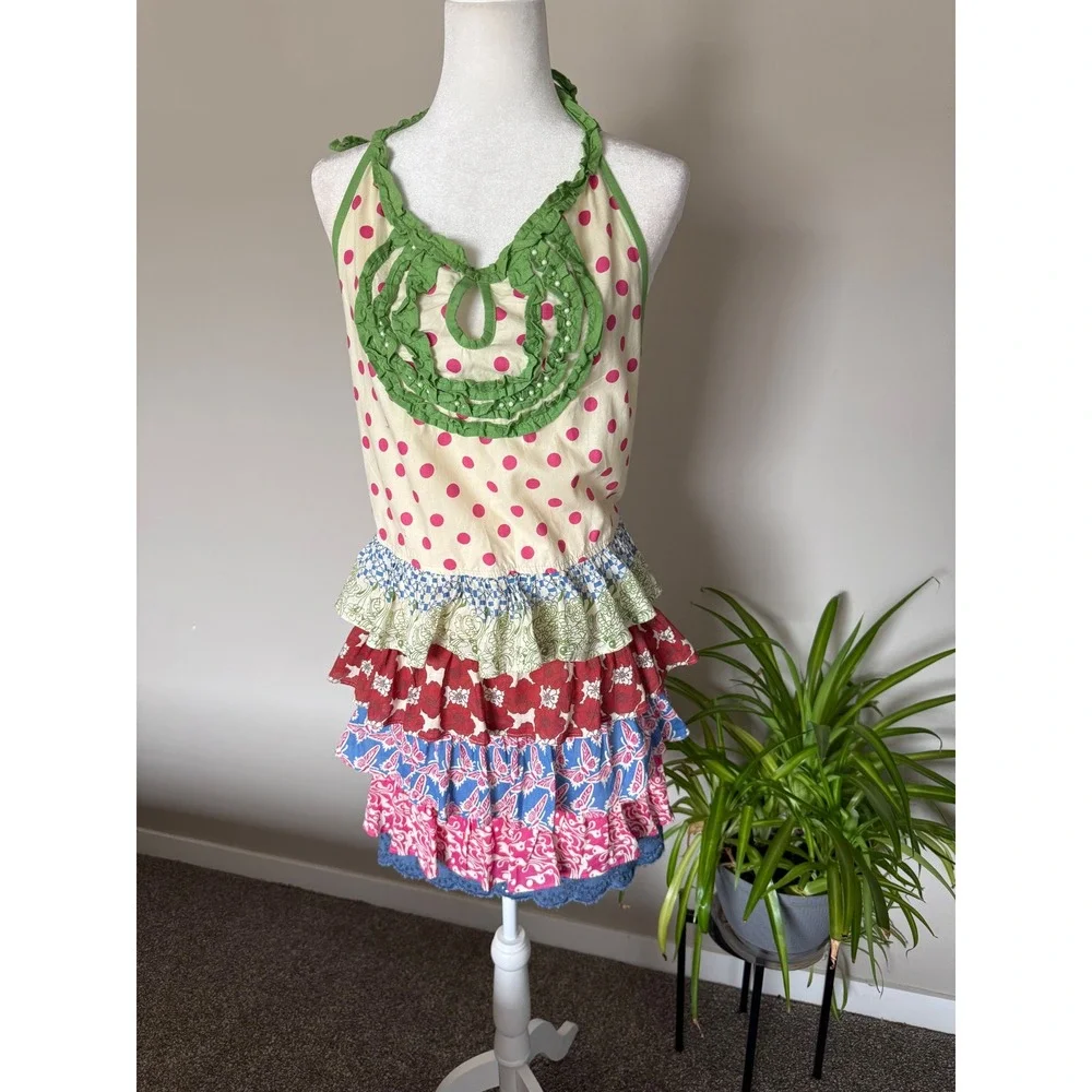 Pier 1 Imports Apron Women One Size Multicolor GUC Ruffle Polka Dot Floral Retro